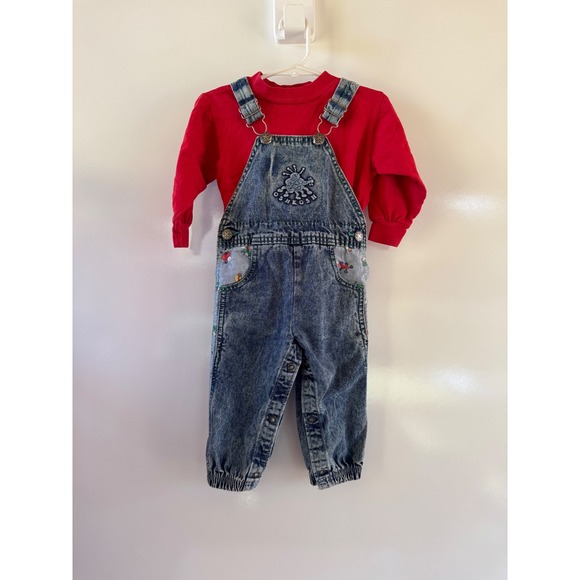 OshKosh B'gosh Other - Vintage OshKosh Baby Overalls Bug Acid Wash 18 Month Red Shirt Set Made in USA